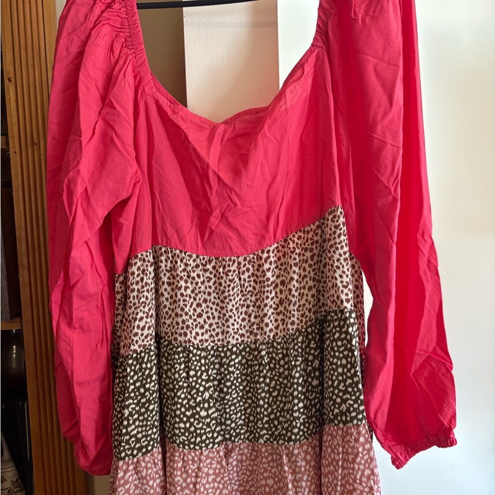 ODDY Hot Pink and Brown Tiered Long Sleeve Dress - Picture 6 of 6